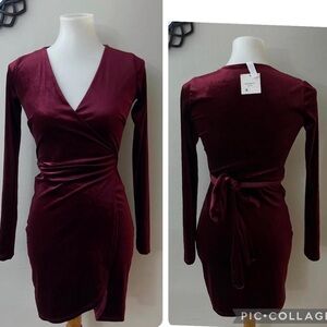Blue blush Burgundy Velvet Wrap Dress party cocktail chic